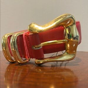 Bold Red Leather and Gold Buckle Belt Small/Medium EUC